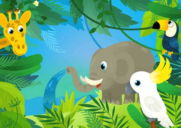 Kreslená Scéna Džungle Zvířata Jsou Spolu Ilustrace Pro Děti — Stock fotografie