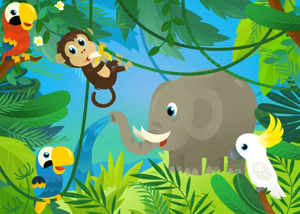 Cartoon Scene Jungle Animals Being Together Illustration Children — Fotografia de Stock