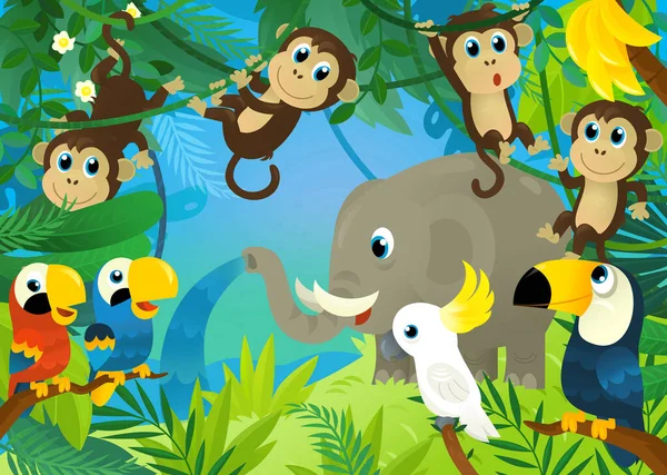 ジャングルの動物たちが一緒に絵を描く漫画シーンは — ストック写真