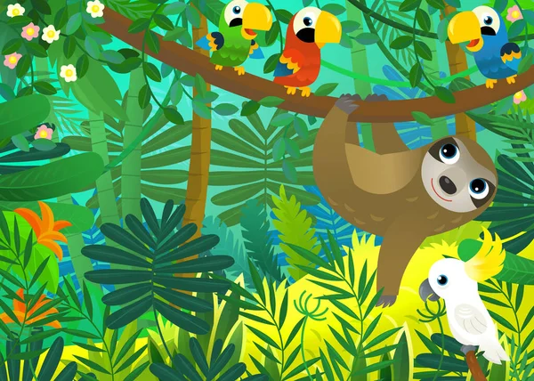 与丛林动物在一起的卡通片场景为孩子们展示 — 图库照片