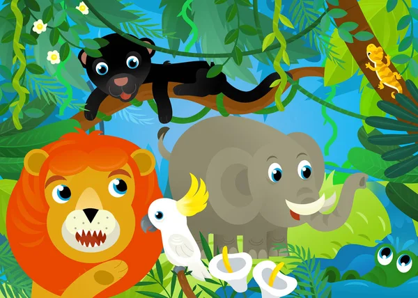 Scène Dessin Animé Avec Des Animaux Jungle Étant Ensemble Illustration — Photo