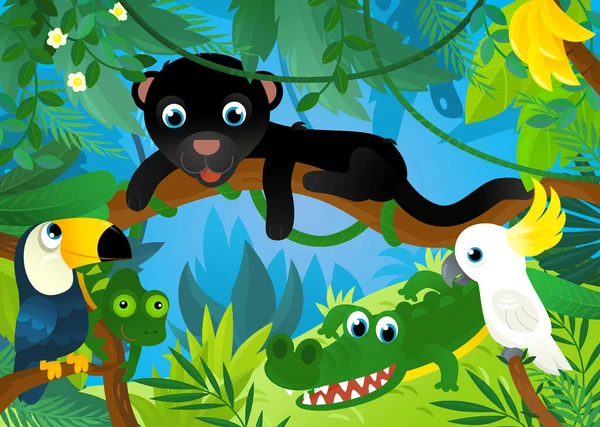 cartoon scene with jungle animals being together illustration for children