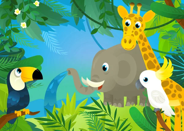 Cartoon Scene Jungle Animals Being Together Illustration Children — Stock Photo, Image