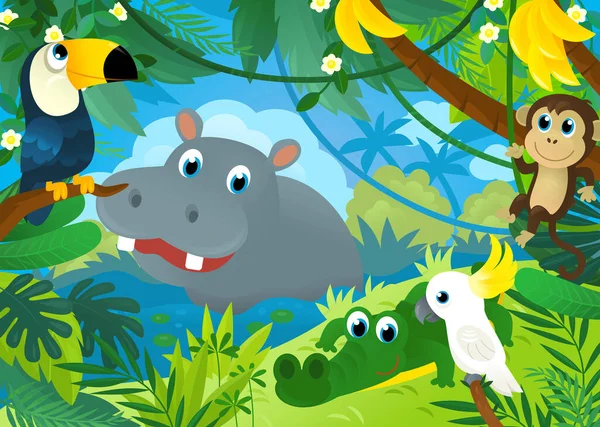 Cartoon Scene Jungle Animals Being Together Illustration Children — стоковое фото