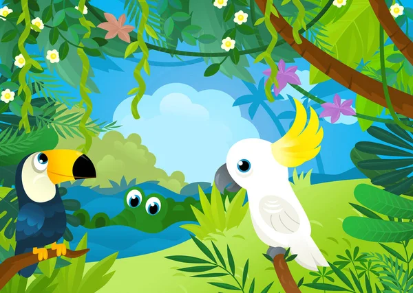 Cartoon Scene Jungle Animals Being Together Illustration Children — ストック写真