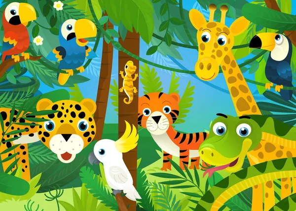 ジャングルの動物たちが一緒に絵を描く漫画シーンは — ストック写真