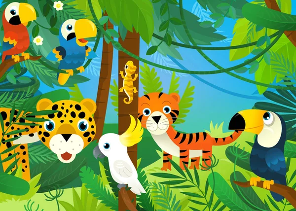 cartoon scene with jungle animals being together illustration for children