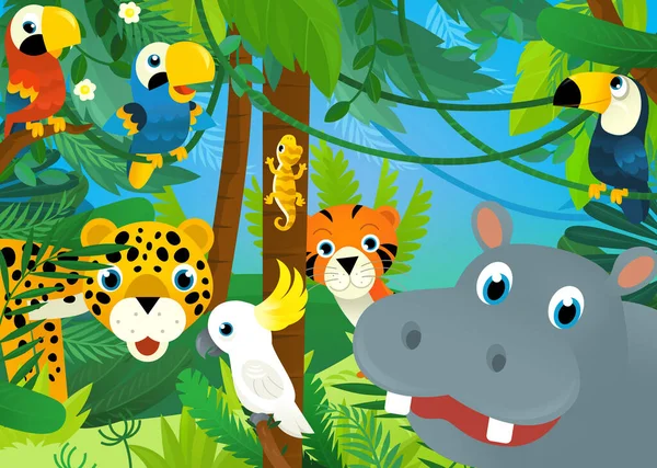 cartoon scene with jungle animals being together illustration for children