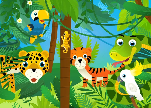 Cartoon Scene Jungle Animals Being Together Illustration Children —  Fotos de Stock