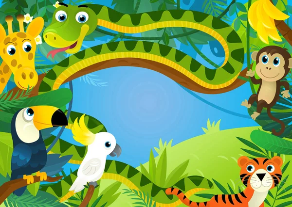 cartoon scene with jungle animals being together illustration for children