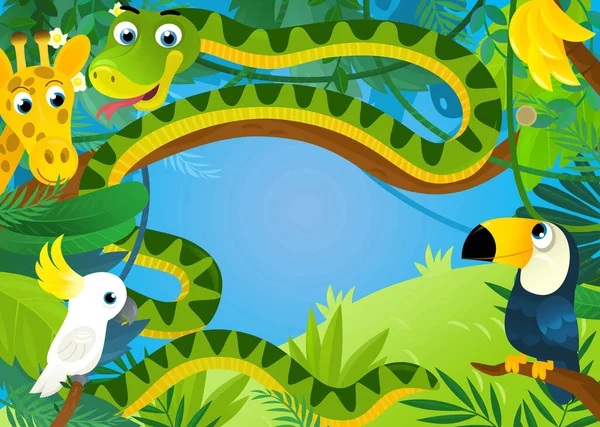 Cartoon Scene Jungle Animals Being Together Illustration Children — стоковое фото