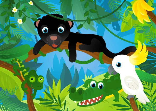 cartoon scene with jungle animals being together illustration for children