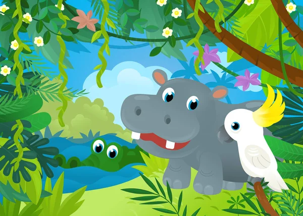 Cartoon Scene Jungle Animals Being Together Illustration Children — Stok fotoğraf