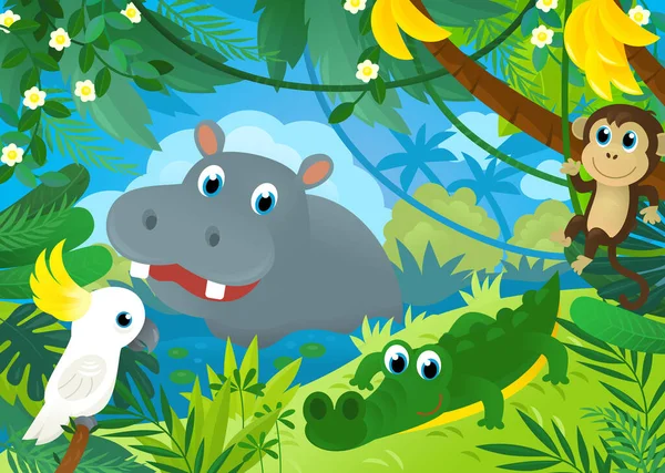 Cartoon Scene Met Jungle Dieren Samen Illustratie Voor Kinderen — Stockfoto