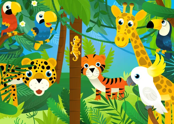 Escena Dibujos Animados Con Animales Selva Estar Juntos Ilustración Para —  Fotos de Stock