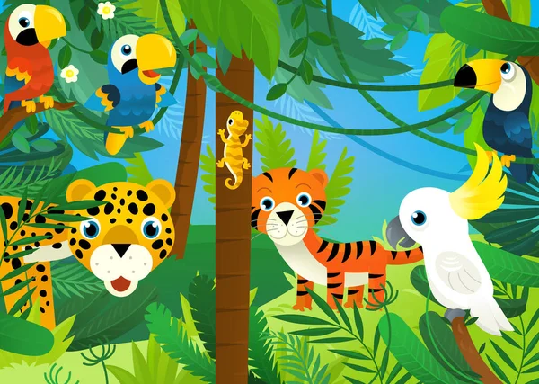 Σκηνή Κινουμένων Σχεδίων Ζώα Ζούγκλα Είναι Μαζί Εικονογράφηση Για Παιδιά — Φωτογραφία Αρχείου