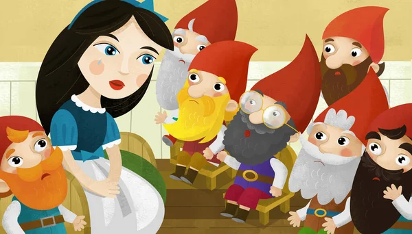 卡通片快乐的场景 公主和矮子在房间里为孩子们做插图 — 图库照片