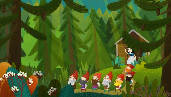 Ormanda Çocuklar Için Resimde Genç Prenses Cücelerin Olduğu Karikatür Sahnesi — Stok fotoğraf