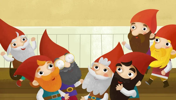 cartoon scene with young princess and dwarfs in the room illustration for children