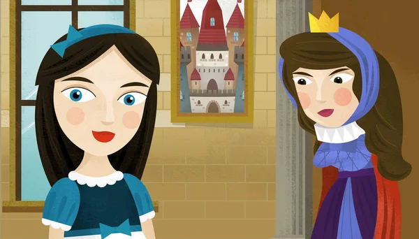城堡里有女王或公主的卡通片 — 图库照片