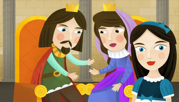 Cena Dos Desenhos Animados Com Príncipe Princesa Ilustração Castelo Para — Fotografia de Stock