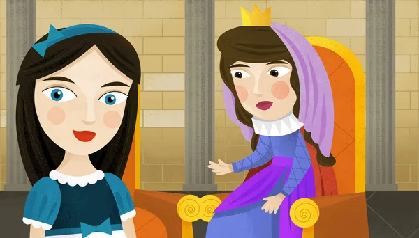 cartoon scene with queen or princess in the castle illustration for children