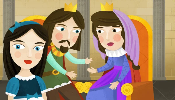 Cena Dos Desenhos Animados Com Príncipe Princesa Ilustração Castelo Para — Fotografia de Stock