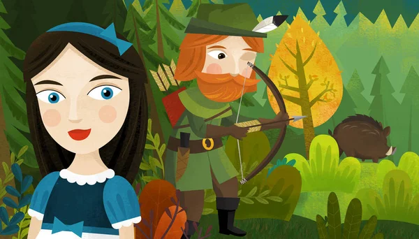 卡通片场景 农民或猎人在森林里为孩子们画插图 — 图库照片