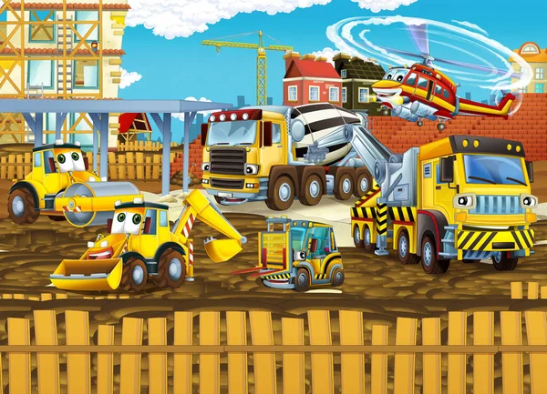 Cartoon Scene Met Grappige Bouwplaats Auto Helikopter Illustratie Voor Kinderen — Stockfoto