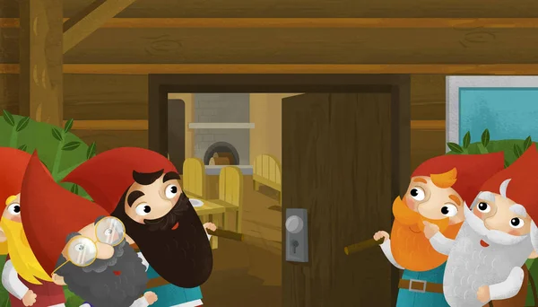 cartoon scene with dwarfs in the room illustration for children