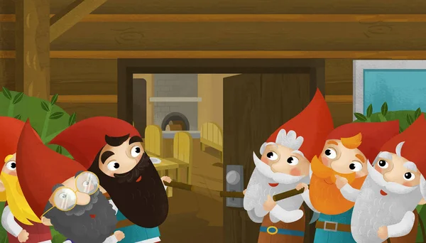 cartoon scene with dwarfs in the room illustration for children
