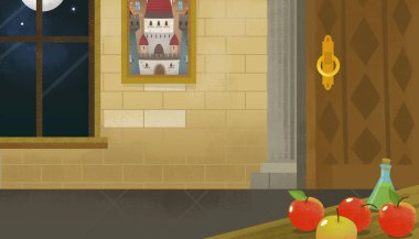 Çizgi film sahnesi, şato odası ve masada çocuklar için elmalar.