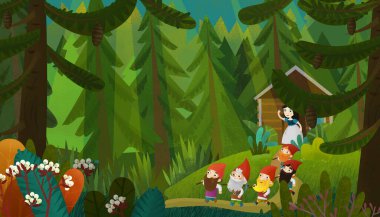 Ormanda çocuklar için resimde genç prenses ve cücelerin olduğu karikatür sahnesi