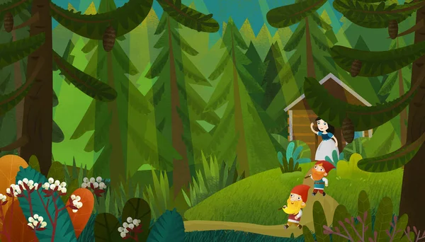 小公主和矮子在森林里的卡通片场景给孩子们看 — 图库照片