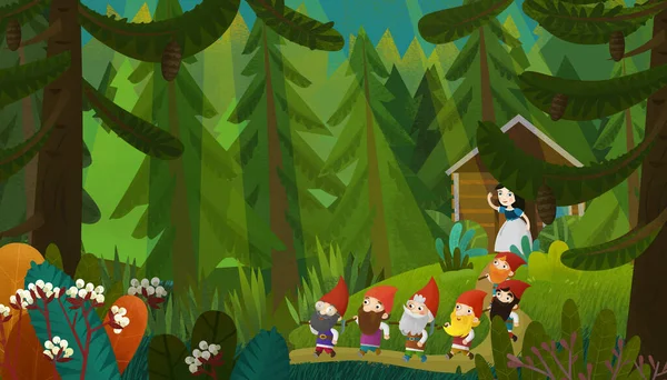 Scena Kreskówek Młodą Księżniczką Krasnoludków Lesie Ilustracja Dla Dzieci — Zdjęcie stockowe