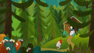 Genç prenses ve çocuklar için cüce resimli karikatür sahnesi