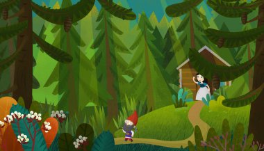 Genç prenses ve çocuklar için cüce resimli karikatür sahnesi