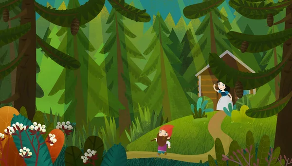 Genç prenses ve çocuklar için cüce resimli karikatür sahnesi