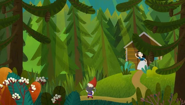 Genç prenses ve çocuklar için cüce resimli karikatür sahnesi