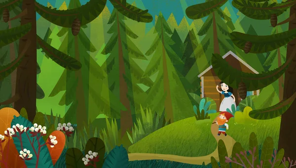 Genç prenses ve çocuklar için cüce resimli karikatür sahnesi