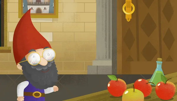 cartoon scene with castle room with dwarf and apples on the table illustration for children