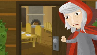 Ahşap çiftlik evinin önündeki çizgi film sahnesinde yaşlı cadı çocuklar için kapı illüstrasyonu yapıyor.