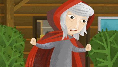 Ahşap çiftlik evinin önündeki çizgi film sahnesinde yaşlı cadı çocuklar için kapı illüstrasyonu yapıyor.