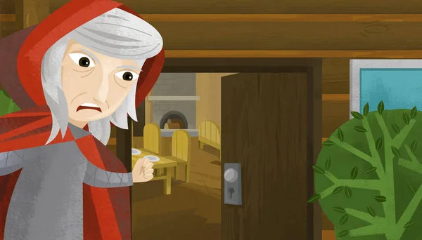 cartoon scene with front of wooden farm house with old woman witch open doors illustration for children