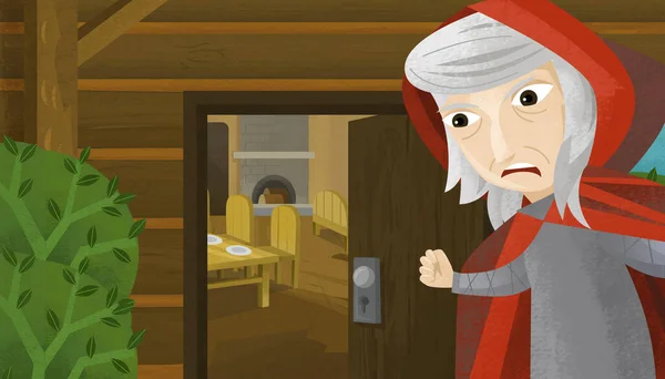 cartoon scene with front of wooden farm house with old woman witch open doors illustration for children