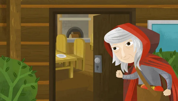 cartoon scene with front of wooden farm house with old woman witch open doors illustration for children