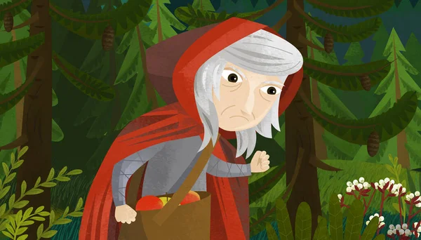 Cartoon Scene Witch Walking Forest Illustration Children — Stock Photo, Image