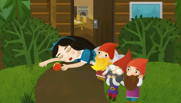cartoon scene with dwarfs and princess near house illustration for children