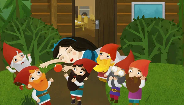 cartoon scene with dwarfs and princess near house illustration for children