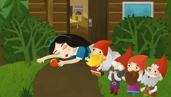 Scena Del Fumetto Con Nani Principessa Vicino Casa Illustrazione Bambini — Foto Stock